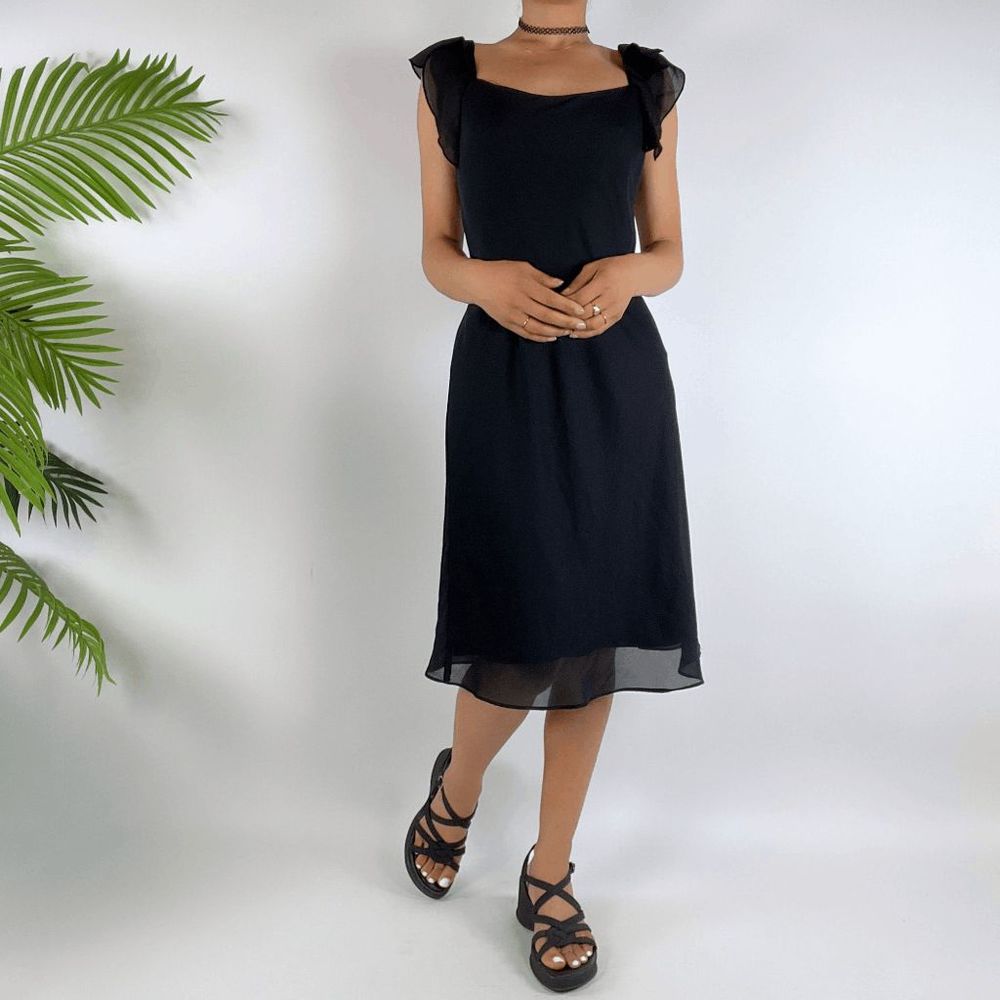 Vintage 90s Grunge Black Chiffon Coquette Fairy Hem Midi Dress / Size: 2 - Picture 1 of 5